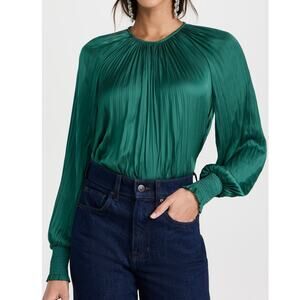 Ulla Johnson Aidy Pleated Blouse Green Satin Long Sleeve Top Sz‎ 8